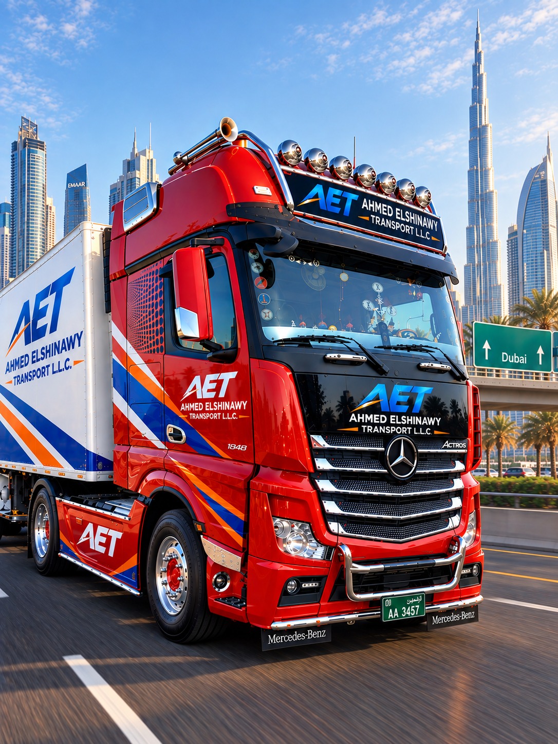 شاحنة مرسيدس حمراء من أسطول AHMED ELSHINAWY TRANSPORT L.L.C وباسم الشركة على الكابينة